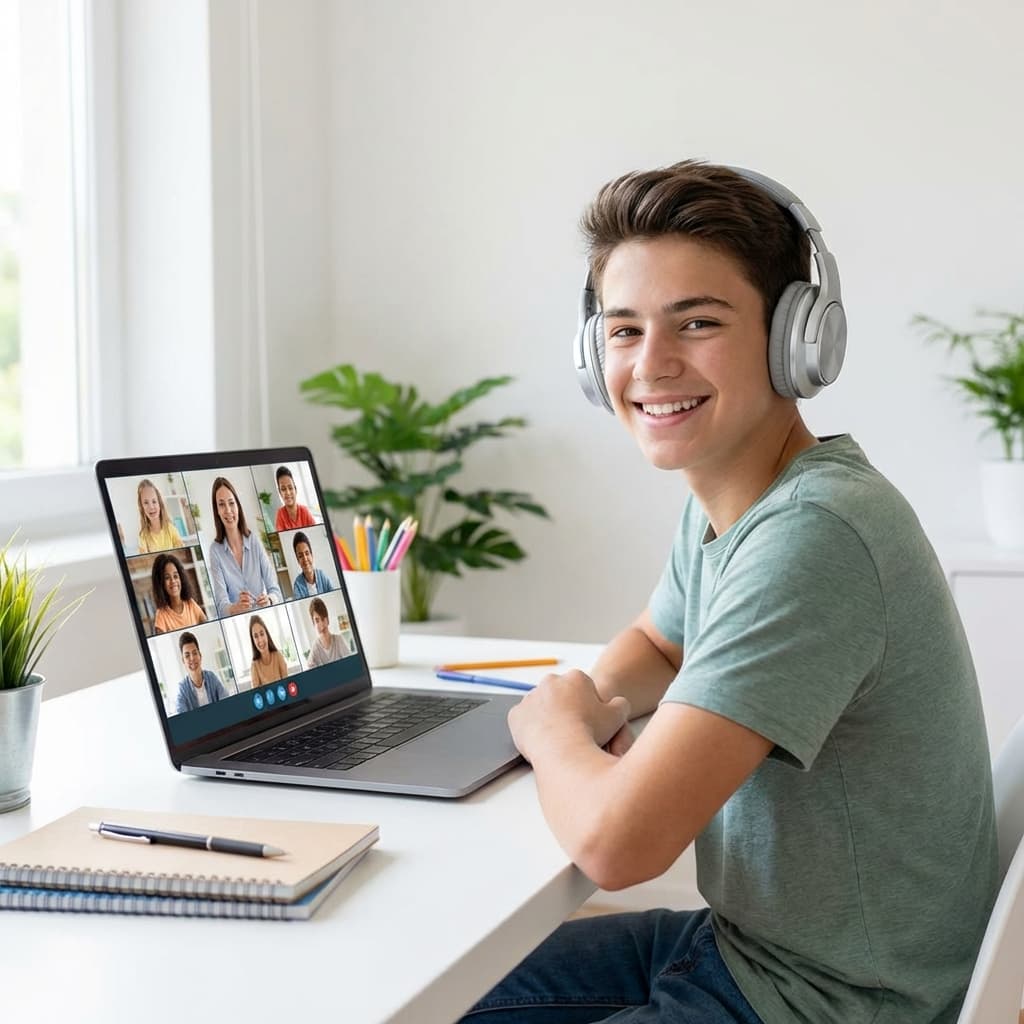 Student in online English class